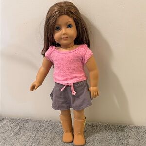 American Girl Doll with Pink Top, Gray Skirt and Tan Boots